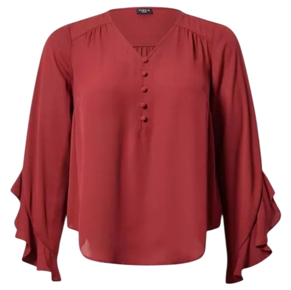 Torrid Long Ruffle Sleeve Top Button Front Flowy Shirttail Hem Blouse Size 2 2X
